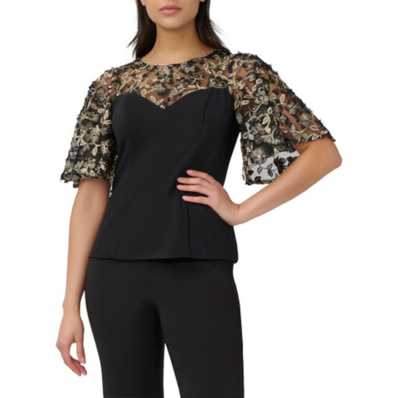 Adrianna Papell Womens Black 3d Illusion Mesh Flutter Sleeve Cocktail Top 2